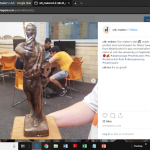 Picture of a computer screen shot, showing a 3D printed "UT Torchbearer" statue replica, in the Innovation and Collaboration Studio